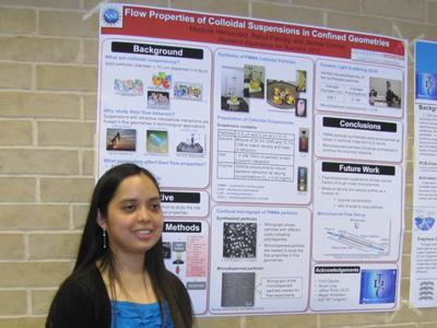Marjorie with her
		     poster on flowing colloidal suspensions in
		     confined geometries.